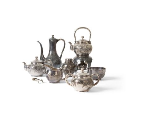 FINE SEVEN-PIECE SILVER TEA AND COFFEE SERVICEBY THE MIYAMOTO COMPANY, MEIJI PERIOD comprising: a coffee pot and hinged cover