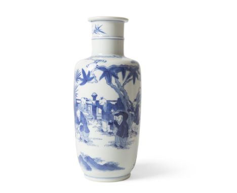 BLUE AND WHITE 'BOYS' ROULEAU VASEKANGXI PERIOD painted with sixteen boys playing in a fenced garden with plantain and pine t