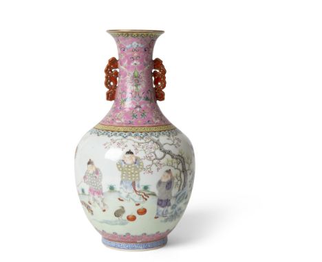 FAMILLE ROSE BOTTLE VASESHEN DE TANG MARK, 20TH CENTURY painted around the globular body with five boys at play in a garden, 