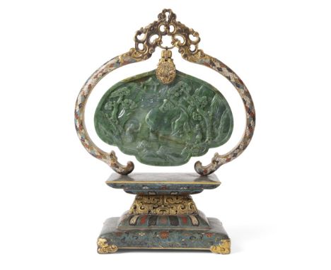 SPINACH-GREEN JADE PLAQUE MOUNTED ON A CLOISONNÉ ENAMEL DISPLAY STANDthe front carved with three boys washing an elephant, su