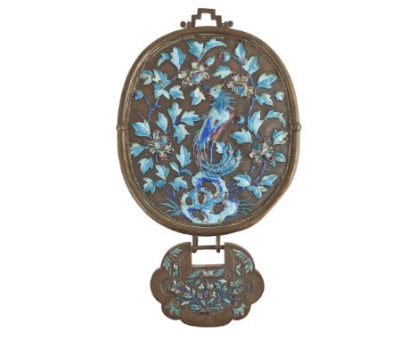 SILVER ENAMEL HANGING MIRRORQING DYNASTY, 19TH CENTURY enamelled in blue, turquoise and purple enamels in raised relief with 