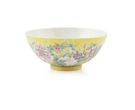 FAMILLE ROSE YELLOW-GROUND BOWLQIANLONG MARK BUT REPUBLIC PERIOD finely painted with leafy branches issuing in a radiating fa
