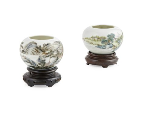 TWO POLYCHROME ENAMELLED 'LANDSCAPE' BRUSH WASHERSQIANLONG MARK BUT REPUBLIC PERIOD each of globular form, finely painted wit