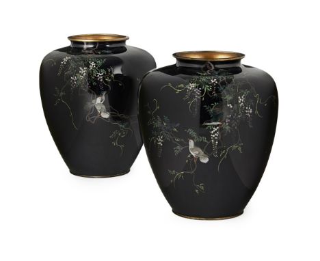 FINE PAIR OF CLOISONNÉ ENAMEL VASESMEIJI PERIOD each of ovoid form below a short waisted neck, worked in silver wires and pol