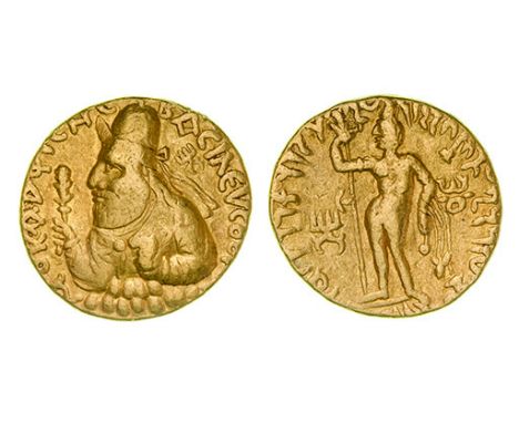 *India, Kushan, Wima Kadphises (c. 113-127), gold dinara, main mint, Bactria, bearded bust of king left wearing tall cap, eme