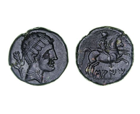 *Spain, Saiti, as, circa 120-20 BC, diademed head to right with cloak fastened at neck, palm behind, rev., horseman galloping