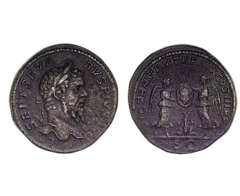 *Septimius Severus (193-211), sestertius, 211, laureate head right, rev., vict brit p m tr p xix cos iii p p s c, two Victori