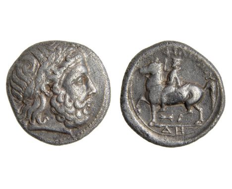 *Kings of Macedon, Philip II, tetradrachm, Amphipolis, c. 355 BC, head of Zeus right, rev., king on horseback left; trident a