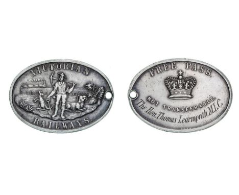 *Australia, Victorian Railways, oval silver pass issued circa 1866, obv., prospector with pick and spade in landscape with ka