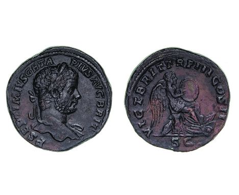 *Geta (209-212), sestertius, laureate head right, rev., vict brit tr p iiii cos ii s c, Victory seated right on cuirass, insc