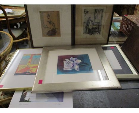 H Gerbault - portrait of a woman, print and a portrait of a man smoking a pipe, print on silk, both framed (2) along with oth