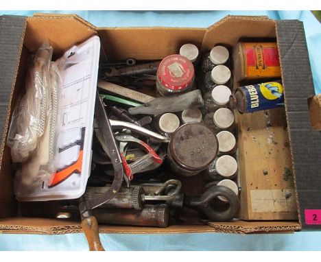 Vintage workshop tools and tins to include G Clamps