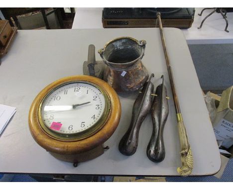 A mixed lot to include a flat iron, a mahogany cased dial clock, vintage ice skates, a walking stick and other items