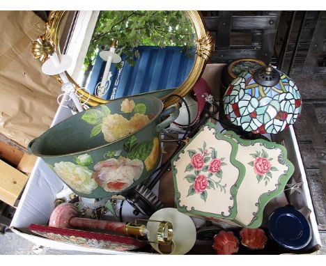 A quantity of decorative items to include a painted jam pan and a Tiffany lamp