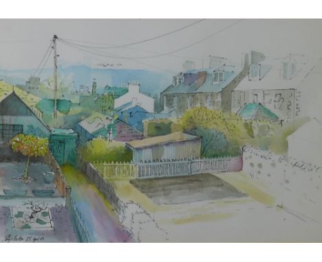 Philip Hutton, an ink and watercolour of back gardens, signed and dated '03,  framed under glass, 34 x 24cm