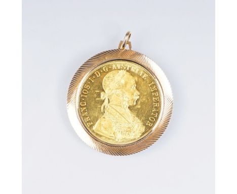   Anhänger mit 4-Dukaten Gold-Münze  14 kt. RG. Vorderseite Portrait Kaiser Franz-Joseph I., bez. 'FRANC  IOS  I  D  G  AVSTR