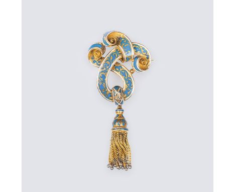   Biedermeier-Brosche mit Emaille-Dekor  Mitte 19. Jh. 14 kt. GG, tlw. ziseliert. Volutenwerk, blauer und weißer Dekor mit Bl
