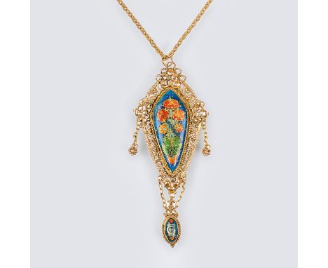   Biedermeier-Anhänger mit Emaille-Dekor an Kette  Mitte 19. Jh. 14 kt. GG mit Roségold. Kl. Altersspuren. Anhänger 80 x 35 m