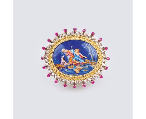   Vintage Emaille-Diamant-Brosche  Mitte 20. Jh. 18 kt. GG, gest. Polychrome Emaille-Malerei mit Darstellung des Narziss' am 