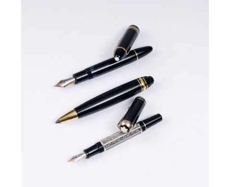   Montblanc  Drei Schreibgeräte  Füllfedergakter Edition Marcel Proust, num. 20237/21000, gest. (Sterlingsilber, schwarzes Ed