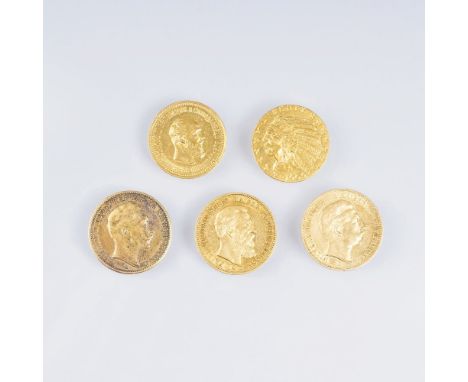   Fünf Gold-Münzen  5-tlg.: 1 Münze 20-Mark Friedrich III.: Vorderseite Portrait 'Friedrich Deutscher Kaiser König v. Preusse