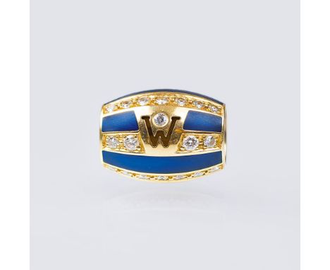   Wellendorff  gegr. 1893 Pforzheim  Ronde 'Salome'  18 kt. GG, gest., MZ. Blaues Emaille, alternierender Besatz mit 39 Brill