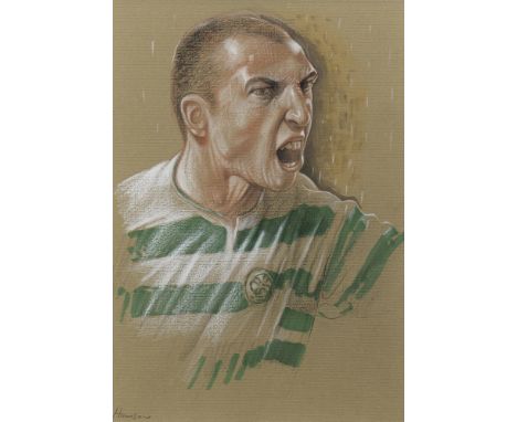 * PETER HOWSON OBE (SCOTTISH b 1958), HENRIK LARSSON pastel on paper, signed 30cm x 20cm Mounted, framed and under glass