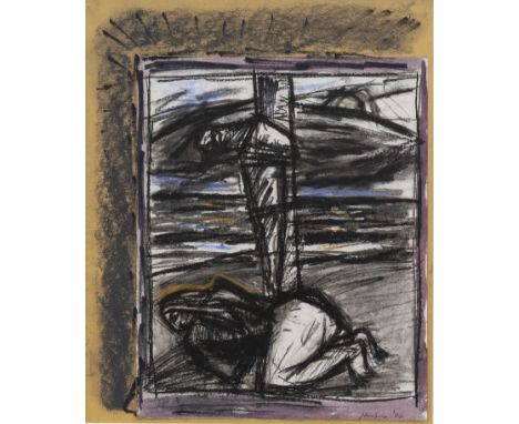 * PETER HOWSON (SCOTTISH b 1958), CROUCHING FIGURE mixed media, signed and dated '84 32cm x 27cm Mounted, framed and under gl