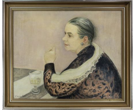 * VICTORINE FOOT (BRITISH 1920 - 2000), PORTRAIT OF ANNE REDPATH oil on canvas board, signed 55cm x 68cm Framed Labels verso: