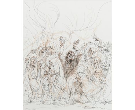 * PETER HOWSON OBE (SCOTTISH b 1958), THE HARROW OF HELL mixed media on paper, signed and dated 2014 50cm x 40cm Mounted, fra