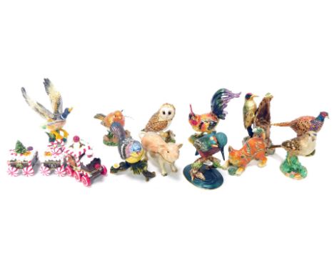 A group of enamel and stone set trinket boxes, to include a pig, 5cm high, mallard duck in flight, 12cm high, a kingfisher, 8