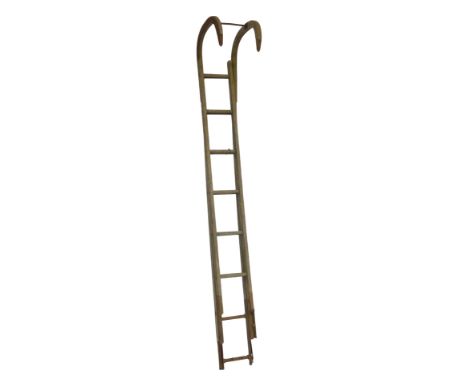 A two section vintage wooden step ladder, 395cm high extended.