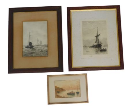 W Noel Johnson (19thC School). Figures in fishing boats along the coastline, watercolour, signed and dated 1893, 16.5cm x 25c