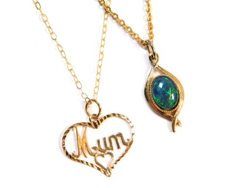 A 9ct gold Mum pendant and chain, on fine link pendant, 0.8g all in, and a gold plated and opal set pendant and chain. (2)