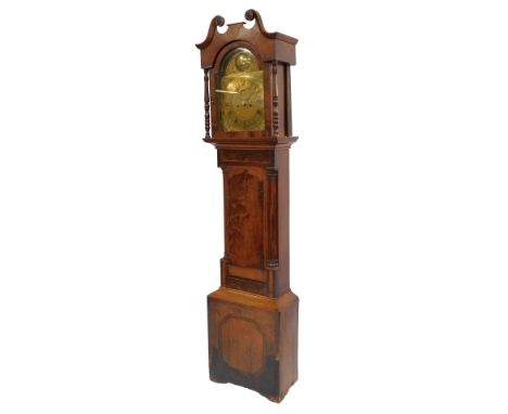 A 19thC mahogany and oak longcase clock, the brass break arch dial with Tempus Fugit roundel, above a chapter ring bearing Ro