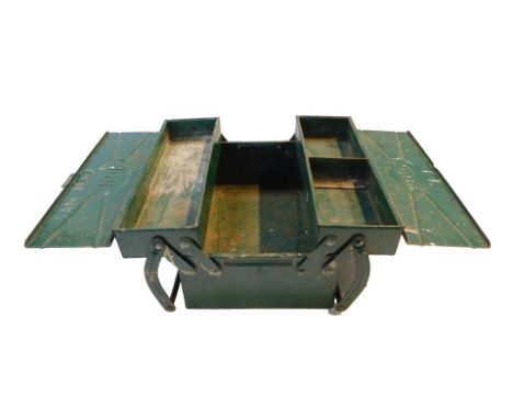 A mid 20thC green painted Cortina S.N.O.R. car tool box, 30cm wide.