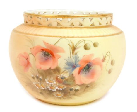 A Royal Worcester blush porcelain jar, of cylindrical form with raised pierced neck, the body painted with flowers, gilt heig