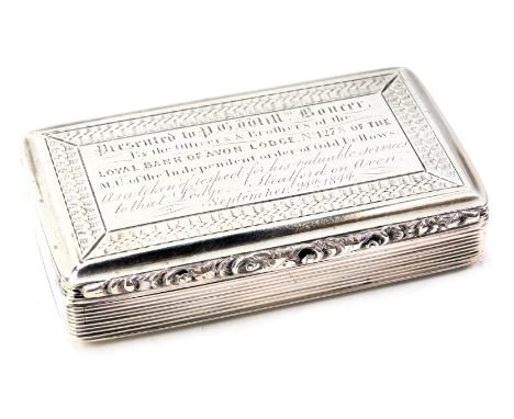 A Victorian silver snuff box, of rectangular form, bearing presentation to PG Gill Bonser of the Avon Lodge, dated September 