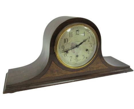 A Seth Thomas oak and burr wood inlaid Napoleon hat mantel clock, the silvered circular dial bearing Arabic numerals, eight d