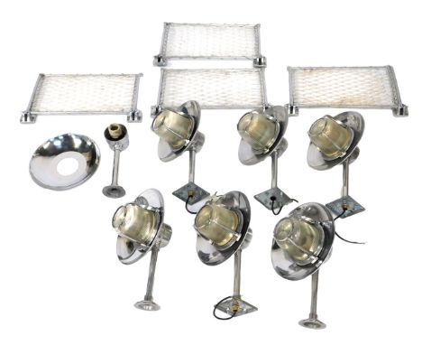 Eight chrome industrial outdoor light fittings, each with a ribbed frosted glass shade, 37cm wide, together with four section