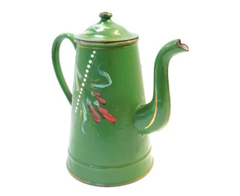 A late 19thC French green glazed enamel coffee pot, painted with flowers, 25cm high.