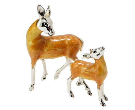 Two silver and enamel figures modelled as a deer and fawn, each stamped 925, 6cm high and 4cm high.