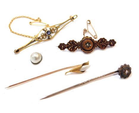 Victorian and later stick pins and bar brooches, comprising a floral bar brooch, with heavy scroll decoration, central diamon