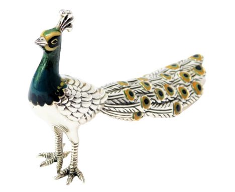 A silver and enamel figure modelled as a peacock, stamped 925, 7.5cm high. 