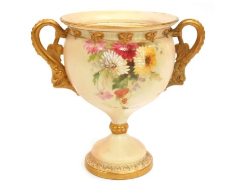 A late 19thC Royal Worcester blush porcelain twin handled pedestal vase, the body painted with flowers, with scrolling leaf c