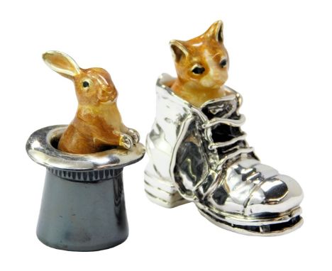 Two silver and enamel figures, modelled as a kitten in boot, 3.5cm high, and rabbit in top hat, 3cm high, each stamped 925. 