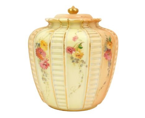 A late 19thC Royal Worcester blush porcelain jar and cover, cylindrical tapering form, with raised ladder vertical decoration