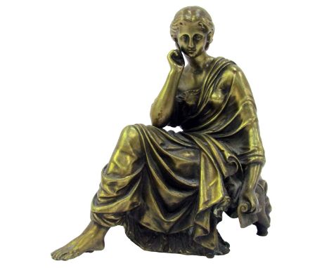A 19thC cast bronze figure modelled as a seated classical lady contemplating a letter, probably a clock surmount, 21.5cm high