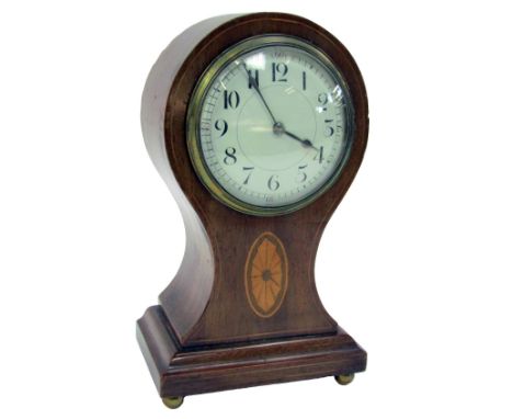 An Edwardian mahogany and inlaid balloon mantel clock, the circular enamel dial bearing Arabic numerals, key wind, the case o
