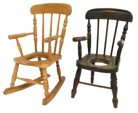 Two 19thC elm child's commode chairs, one rocker.